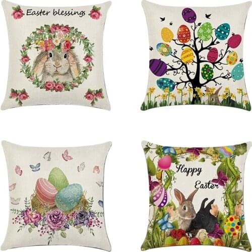 4 PCS Bunny Easter Eggs Pillowcase Linen Pillow Cover Home Decor Square Cushion Cover Printing Pillow Case