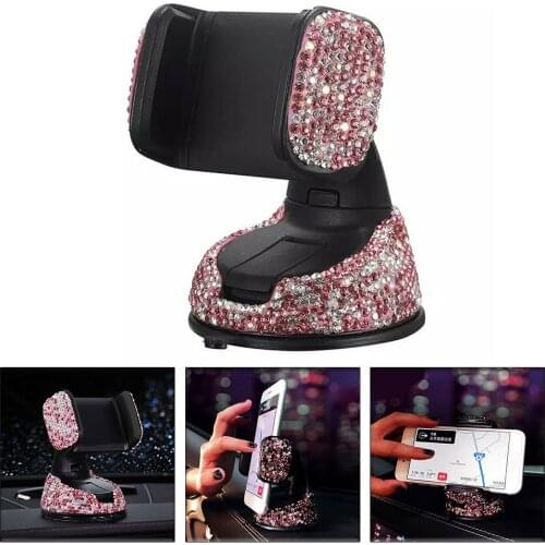 Car Phone Holder Dashboard Stand Pink Crystal Bling Girls Interior Accessories Mobile Phone Holder