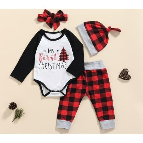 FOCUSNORM 4pcs Xmas Infant Baby Girls Boys Clothes Sets Letter Patchwork Long Sleeve Romper Plaid Pant Headband Hats 0-18M