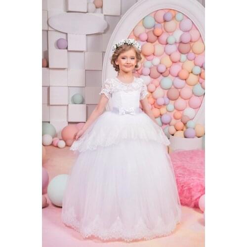 Lovely Flower Girl Dresses for Wedding White Lace Tulle Bow Kid Ball Gown Princess Birthday Party Gown First Communion Dress
