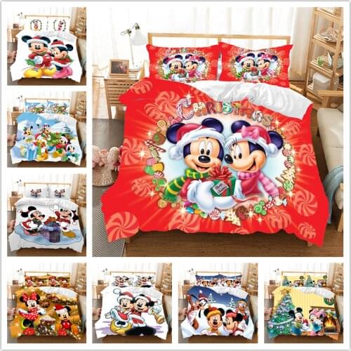 Red Christmas Mickey Minnie Bedding Set Duvet Cover Pillowcase Children Gift King Size Bedding Set Comforter Bedding Sets