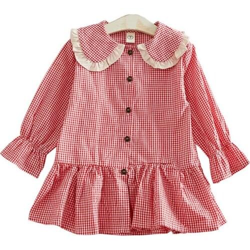 Hot Korean Toddler Dresses 2019 Fall Long Sleeve Peter Pan Collar Plaid Single-breasted Shirt Dress Kids Party Dress For 2-7Yrs