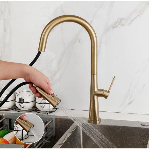 Brushed Gold Pull Out Swivel Spout Kitchen Sink Mixer Faucet 2-Way Sprayer Taps