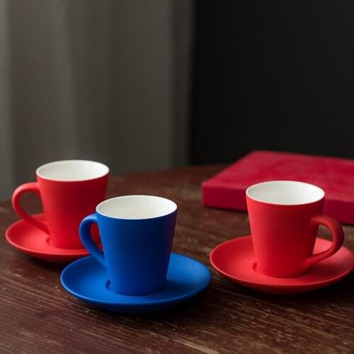 Handmade Japan Simple Style Mini Ceramic Retro Pottery Coffee Mugs Cup Saucer Set Blue Red Color 95ML Drinkware