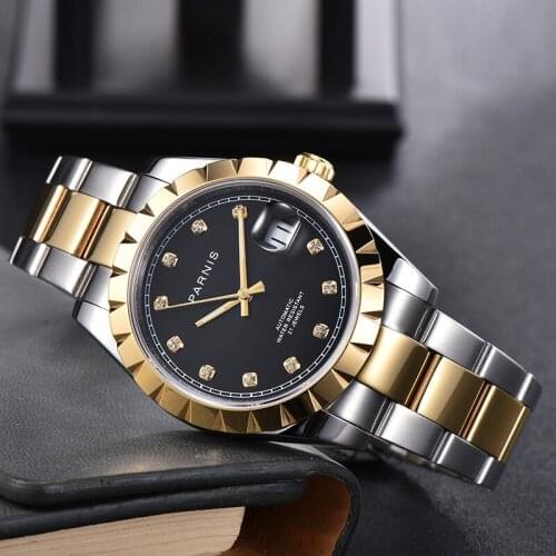 39.5mm Parnis Mens Wristwatch Black Dial Sapphire Glass Date Display Miyota 8215 Automatic Movement Oyster Bracelet Two Tone