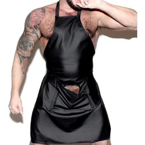 Mens Sexy Lingerie leather Apron front Open Crotch Crotchless Uniform hollow out Maid manservant Cosplay Night Club Sexy Costume