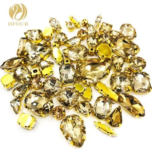 New Product Gold base mixed size mix shape Light coffee glass faltback sew on rhinestones DIY Garment/ Shoes/Bag Accessories