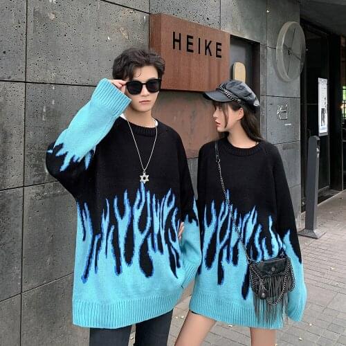 Autumn Winter loose Flame Knitting Sleeve Sweater Casual Long Women Tide Printed Sweater Boyfriend Pullovers