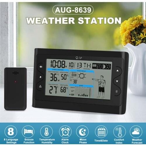 AUGIENB New AUG-8639 LCD Weather Station + Outdoor Remote Sensor Thermometer Humidity Barometric Display Snooze Clock Calendar