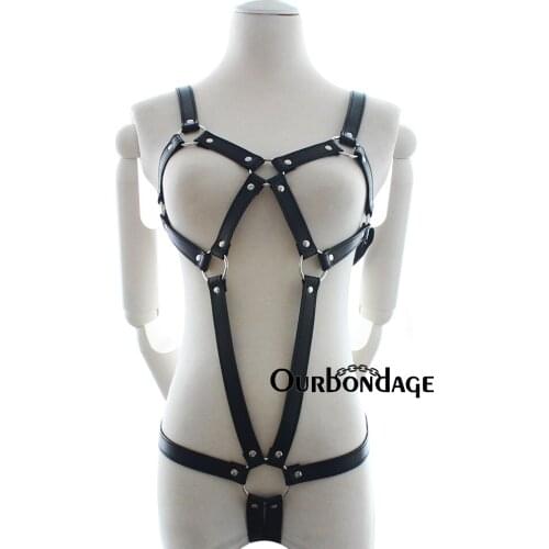 Ourbondage Women Harness BDSM Bondage PU Leather Square-Shape Body Chest Harness Strap With Belt Pants Double Strap For Women