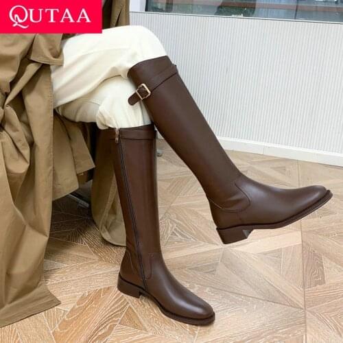 QUTAA 2022 Autumn Winter Round Toe Zipper Knee High Boots Square Low Heel Fashion Genuine Leather Women Shoes Size 34-43