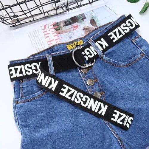 2020 New Women Harajuku Belt Red Letter Printed Fashion Unisex Double D Ring Canvas Strap Female Long Belts