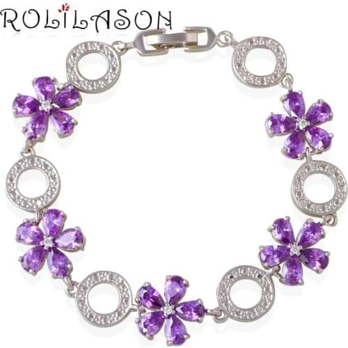 ROLILASON Romantic Purple Crystal Silver Overlay Link Chain Bracelet 7.4 inch For Women Jewelry TB1074