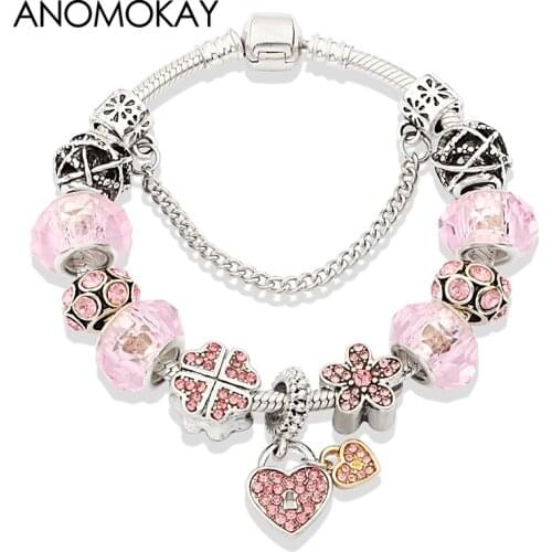 Romantic Pink Crystal Heart Flower Charm Bracelet & Bangle Silver Color Ball Diy Pendant Bead Bracelets for Women Girl Gift
