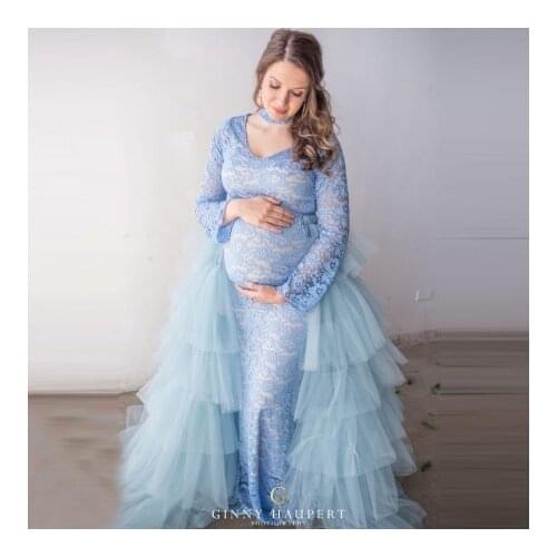 Blue Tiered Tulle Skirts For Maternity Photo Shoot Long Length Detachable Overskirt For Bridal Preganancy Ruffles Flouncing Tull