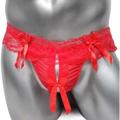 Sissy Open Crotch Panties Thong Lace Sexy Transparent Mens G String Underwear Bow Feminine Gay Underpants Low Waist Sheer Bikini