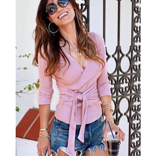 European and American Summer New Sexy Women V Collar Cross Long Sleeve Waistband Bow Knit Top
