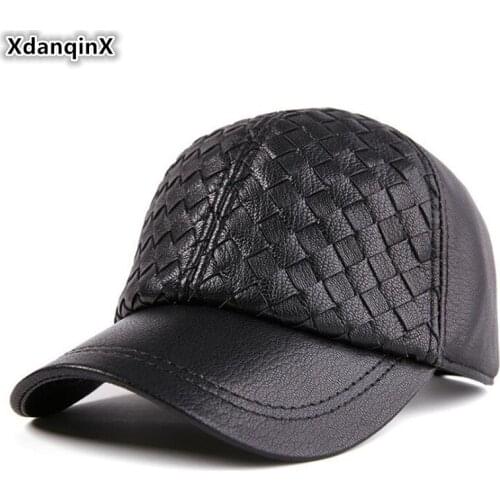 XdanqinX Mens Genuine Leather Hat Sheepskin Leather Baseball Cap 2019 New Novelty Autumn Fashion Braided Tongue Leather Caps