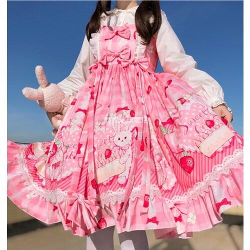 Japanese sweet lolita strap dress vintage high waist cute bow printing victorian dress kawaii girl gothic lolita cosplay loli
