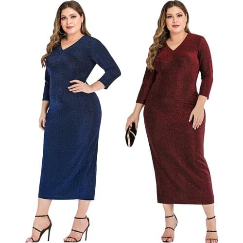 Women 3/4 Sleeve Midi Dress Plus Size V-Neck Bodycon Dresses Glitter Sequins Pencil Sheath Party Prom Gown Formal Vestidos L-5XL