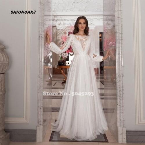 Elegant Long Sleeve Wedding Dress Illusion Lace Appliques Backless A-Line Bridal Gowns Robe De Mariée Vestidos Sukienki France