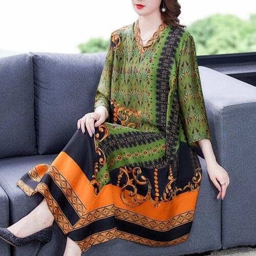 2021 Summer Boho Print Mulberry Silk Vintage Midi Dress Women Loose 4XL Plus Size Chiffon Dresses Elegant Bodycon Party Vestidos