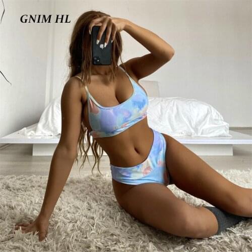 GNIM Sexy Bandeau Bikini 2021 High Waist Tie-Dye Swimwear Women 2 Pieces Set High Cut Sport Brazilian Swimsuit Summer Biquini