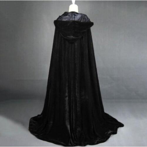 Black Hooded Velvet Cloak Renaissance Medieval Costume Halloween witchcraft Robe Retro Cape