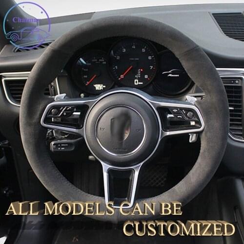 Embroidery Alcantara Car Steering Wheel Cover For Porsche Macan/S/Turbo 2014 2015 2016 2017-2020 Hand Sewing Holder Custom Wrap