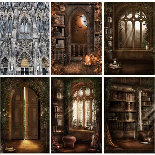 Goth Fairy Tale Old Palace Bookshelf Arch Window Baby Portrait Photography Backdrops Halloween Photo Backgrounds 20813WSH-01