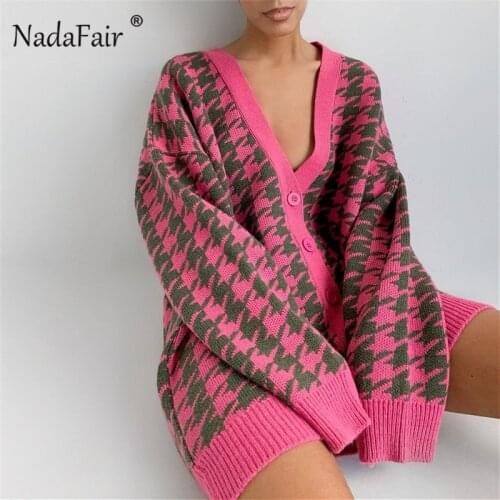 Nadafair Houndstooth Winter Cardigans for Women 2021 Knitted Warm Vintage V-neck Sweater Autumn Loose Long Oversized Cardigans
