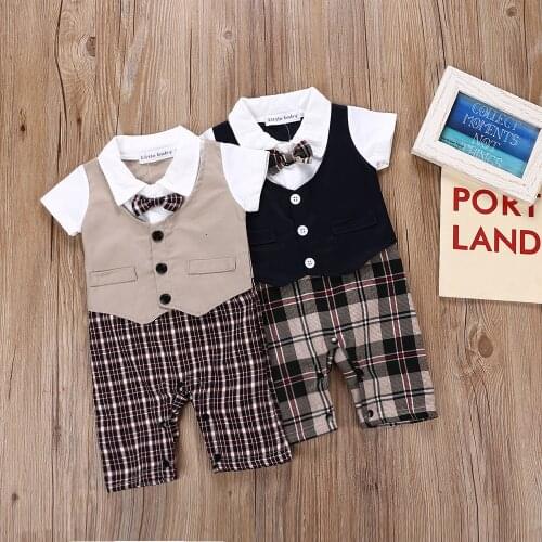 Boy Plaid tie, short sleeve gentlemans jacket, two jumpsuits, baby clothes