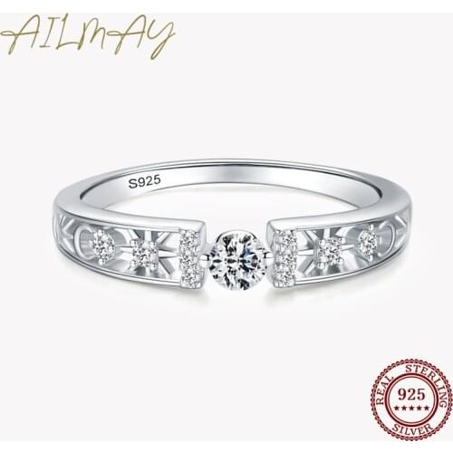 Ailmay 100% Real 925 Sterling Silver Line Clear CZ Finger Rings Geometric Line Rings For Women Classic Wedding Statement Jewelry