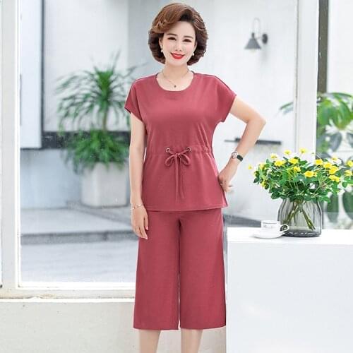 Middle-aged Women Summer Twos Piece Set Top and Pants Plus Size 2 Piece Outfits for Women Summer T-shirt Casual Women Blouses