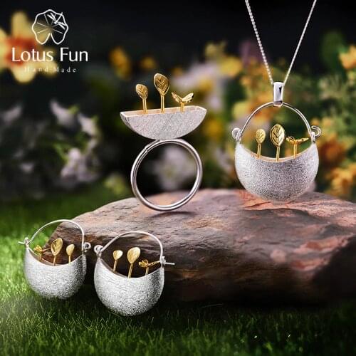 Lotus Fun Real 925 Sterling Silver Handmade Fine Jewelry My Little Garden Jewelry Set with Ring Drop Earring Pendant Necklace