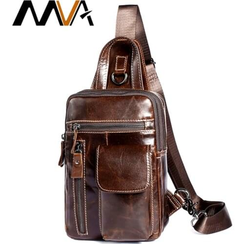 MVA Men Chest Pack Genuine Leather Shoulder Strap Back Bags Leather Travel Men Crossbody Bag Messenger Vintage ipad Chest Bag