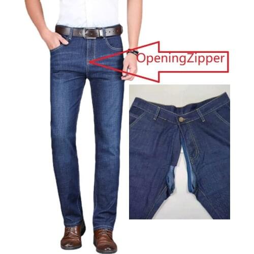 Mens Jeans Free Off Crotch Open Sexy Sex Pants Men Loose Elastic Straight Mens Jeans Casual Large Size Denim Trousers