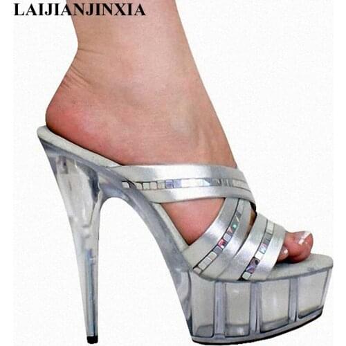 New Sexy 15 cm silver sequin crystal slippers, ultra high heels for parties, dancing shoes