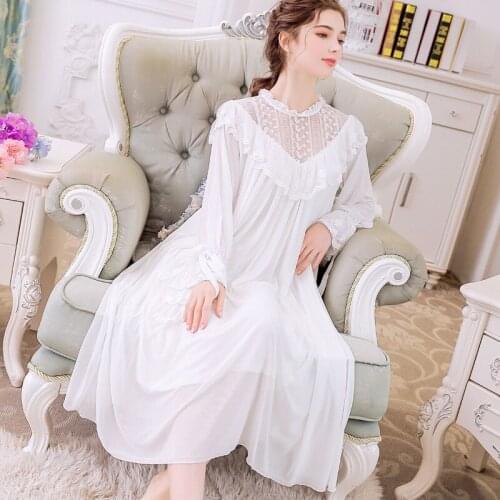 Autumn White Modal Nightgown Vintage Sleepwear Long Sexy Nightgown SuperSoft Lace Nightdress Silk Sexy Sleepwear For Women