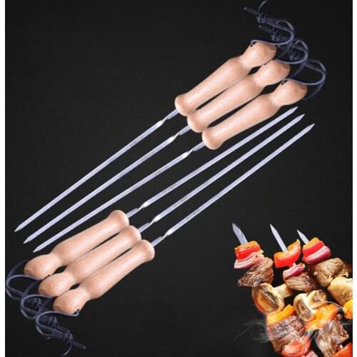 Barbecue Sticks Wooden Handle Kebab Stickers Outdoor Picnic BBQ Tools Camping Roast Meat Skewer Grill Stainless Steel Tools 6pcs