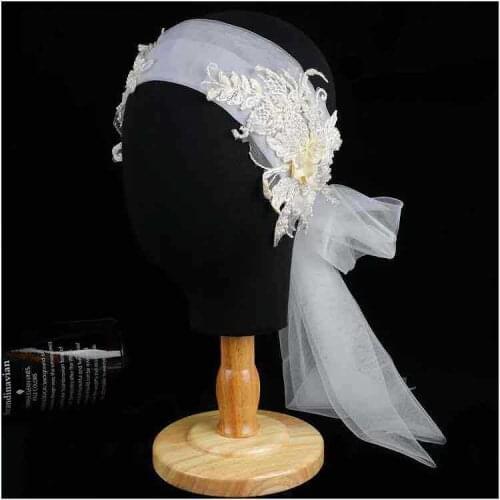 European Fairy White Lace Flower Headband For Bride Long Gauze Bowknot Wedding Hairband Ladies Evening Party Church Headpiece