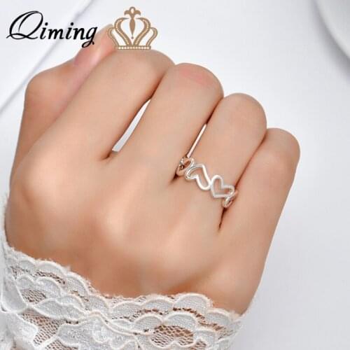 QIMING Korean Hollow Love Rings For Women Silver Metal Korean INS Style Sweet Fashion Jewelry Adjustable Ringer Ring Baugue