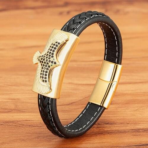 Luxury Style Animal Eagle Stainless Steel Men Leather Bracelet Cubic Zirconia Gold/Black/Steel Color 19/21/23cm Mens Jewelry