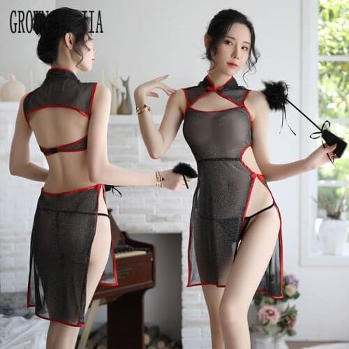 Sexy Backless Cheongsam Erotic Cosplay Costume Perspectivity Gauze Qipao Dress Porno French Maid Uniforms Hot Lingerie Sex Skirt