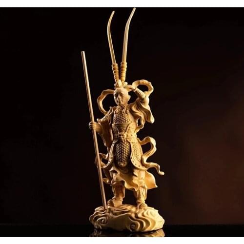 Boxwood 23cm Monkey King Sculpture Sun Wukong Wood Buddha Statue Journey To The West Home Decoration