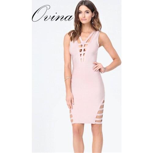 Sexy Blue Pink Women Dress Strap Hollow Out Solid Mini Bodycon Bandage Dress Evening Party Dress