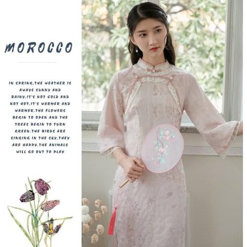 Sweet Cheongsams Modern Chinese Retro Style Pearl Disc Button Stand Collar Loose Lace Sleeve Floral Printed Thin Chiffon Dresses