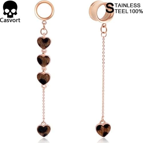 Casvort 2pcs Stainless Steel Ear Plugs And Tunnels Rose Gold Leopard Love Heart shape Ear Gauges Expanders Piercing For Woman