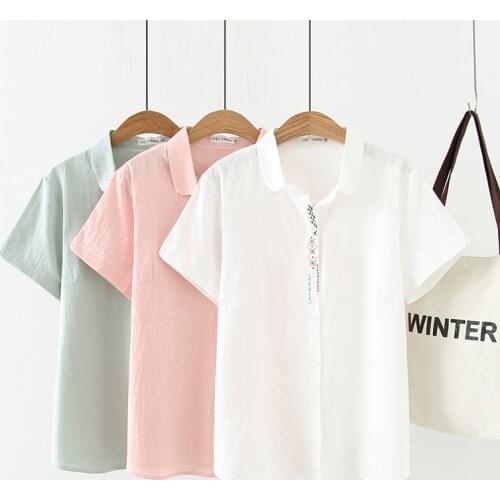 Plus size turn-down collar Embroidered cotton women Tshirts 2019 Summer ladies tees female t shirt short sleeve t-shirts tops