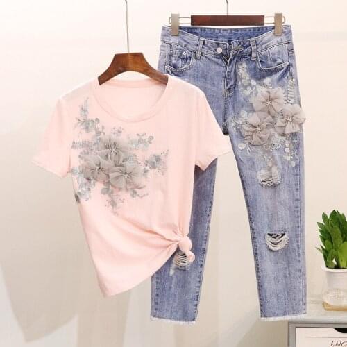 Amolapha Women 3D Flower T-shirts Jeans Sets Appliques Embroidery Tshirts+Holes Jeans Pants Costumes Suits